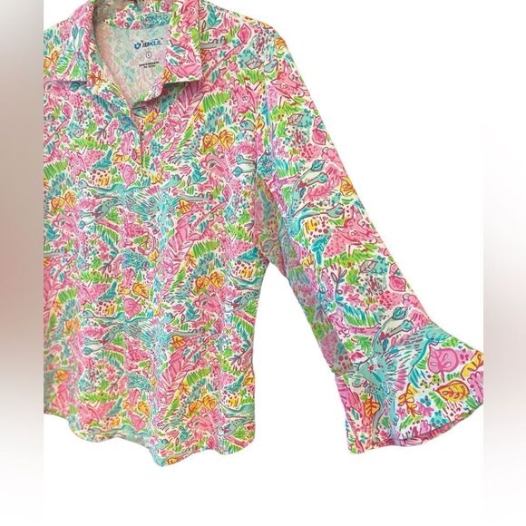 Ibkul L Pink Turquoise Pickleball Golf Panther Print Sun Fabric Athletic Shirt - Picture 3 of 7